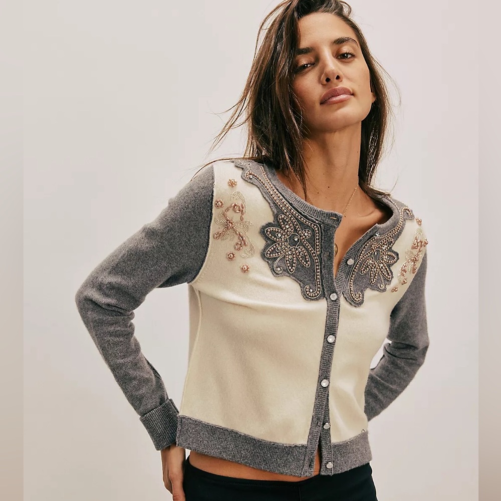 Free People We The Free Loui Embellished Cardi Size L NWT
